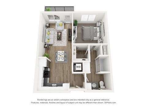 Floor plan for 1 bed, 1 bath, 733 sqft